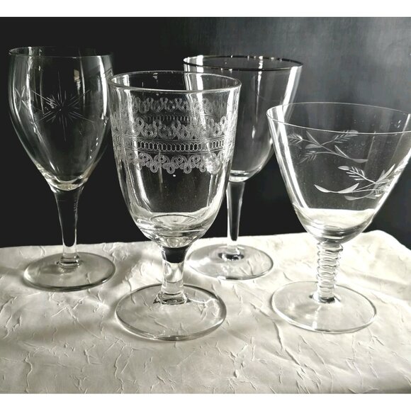 Mismatched Wine Cocktail Glasses set/4 vtg mixed silver rim etch glassware party - Picture 1 of 10